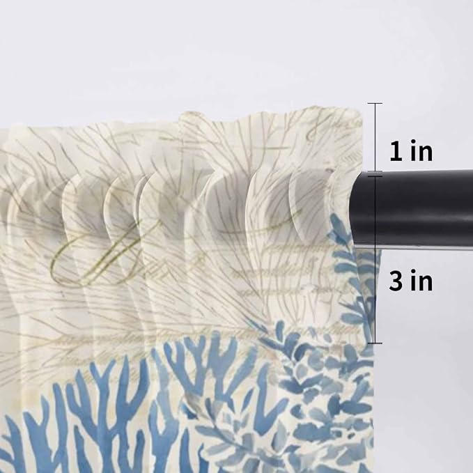 Ocean Corals Sheer Valance Curtains, Summer Beach Coral Sea Stars Retro Texture