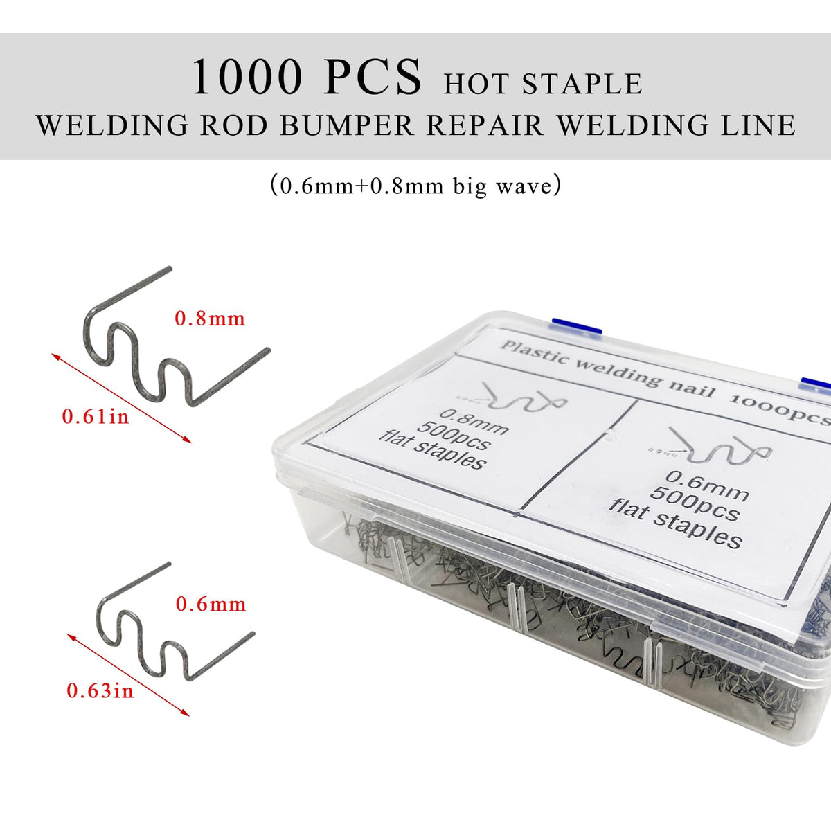 Gasedin 1000 PCS Hot Staples Bumper Welding Rods, 0.6mm 0.8mm Bumper Repairing Plastic Welding Kit, Metal Wave Shape Hot Staple Welding Wire for Machine Repair, Car Accessories