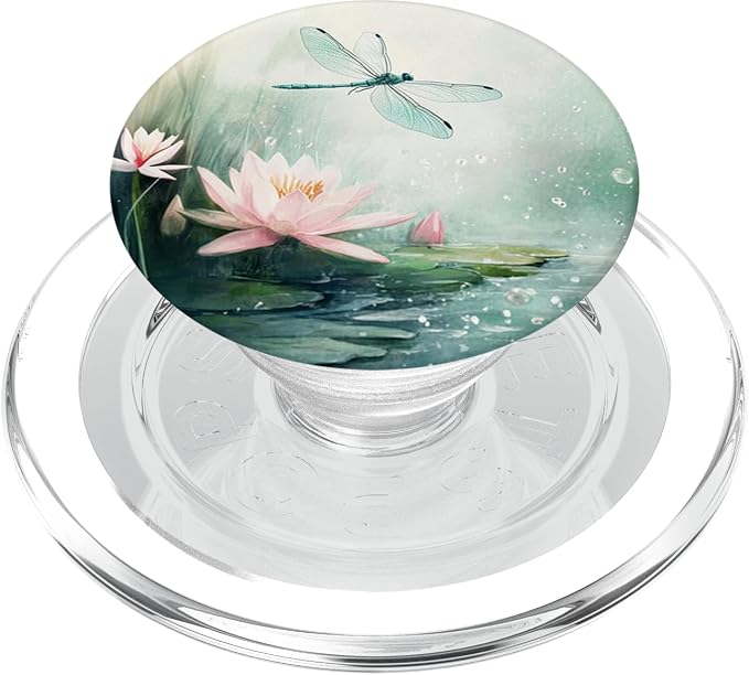 Aesthetic Floral Lotus And Dragonfly Watercolor Art PopSockets PopWallet for MagSafe