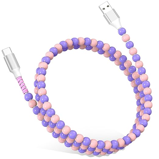 Jelanry 3FT USB-A to USB-C Fast Charging Cable Beaded &ampData Sync Women Girl | Cute kawaii beaded cable for iPhone 17/16/15 Samsung S26/S25/S24 Pixel iPad Fast charge for daily use office &amp tra