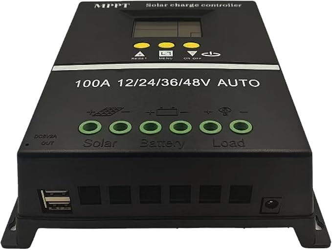 Saooer 100A MPPT Solar Charge Controller, 12/24/36/48V, LCD Display, Dual USB, Black
