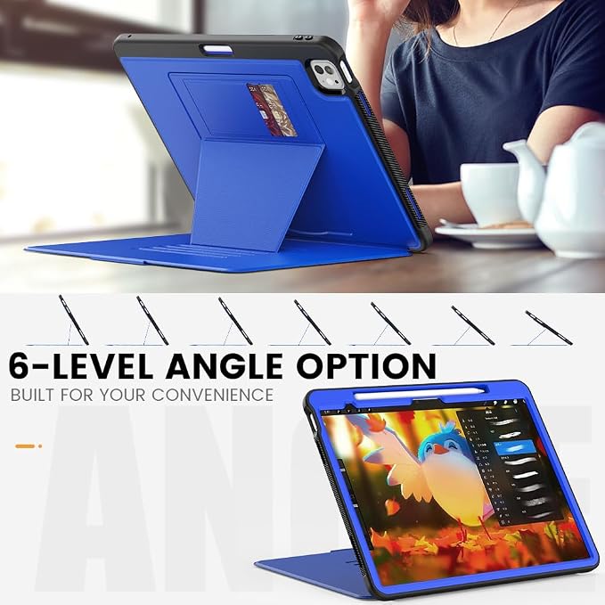 for iPad Pro 11 inch Protective Case M5 2025/M4 2024: Heavy Duty Shockproof Case with Pencil Holder - 360°Rotating Handle/Stand - Screen Protector - Shoulder Strap Black/Sky Blue