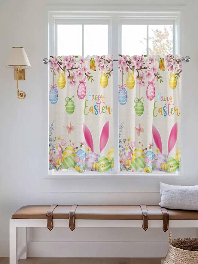 Happy Easter Tier Curtains 45 Inches Long, Spring Farmhouse Bunny Eggs Flower