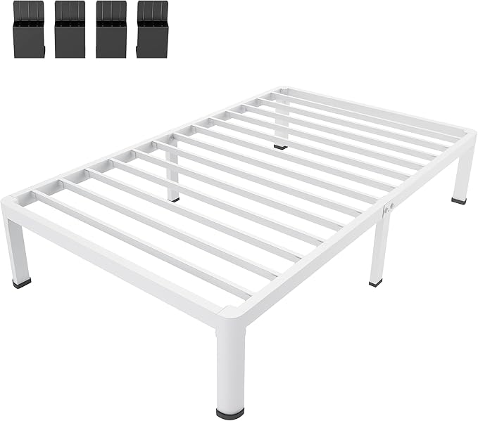 MAF 18 Inch Twin XL Bed Frames White with Round Corner Legs Mattress Slide Stopper No Box Spring Needed Heavy Duty Metal Platform Bed Frame Under-Bed Storage Space, 3000 LBS Steel Slats Support