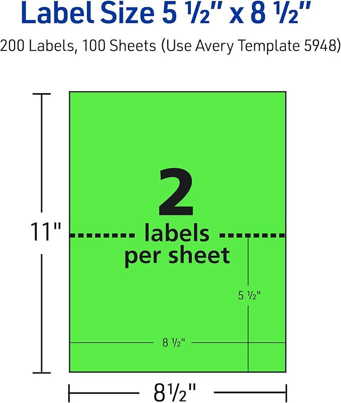 Avery Printable Shipping Labels, 5-1/2" x 8-1/2", Neon Green, Laser & Inkjet Compatible, 200 Blank Labels Total, Great for Branding, Mailing, Organizing, and More (5952)