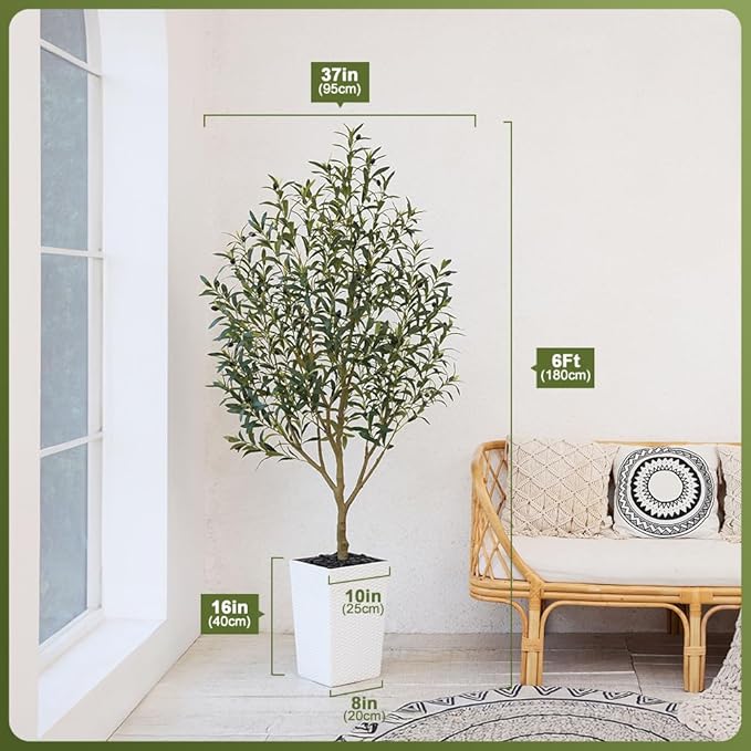 Artificial Olive Tree 6FT Indoor&Outdoor Faux Plant - UV Resistant Large Fake Tree with White Planter & Pebbles, Realistic Tall Potted Artificial Trees for Modern Home Decor Office Living Room VN132