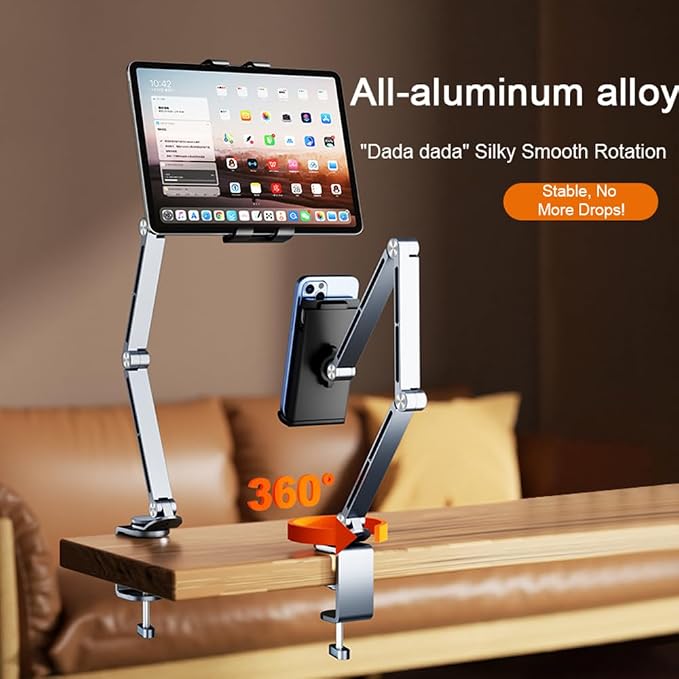 Phone/Tablet Metal Holder Stand Grey CT9 | Heavy Duty Adjustable Foldable Aluminum Universal Lazy Bracket 360° Rotation Flexible Long Arm For 4-13 Inch Devices