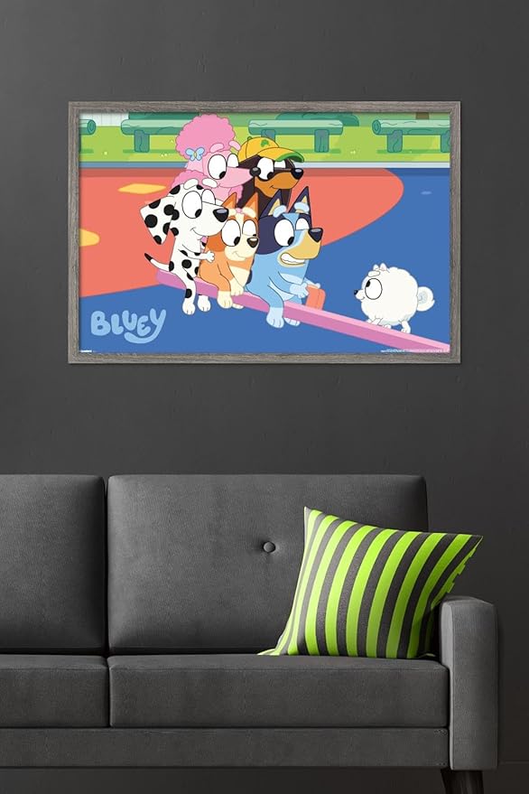 Bluey (2018) - Bluey and Friends See Saw Fun Wall Poster, 34L" x 22.4W", Barnwood Framed Version