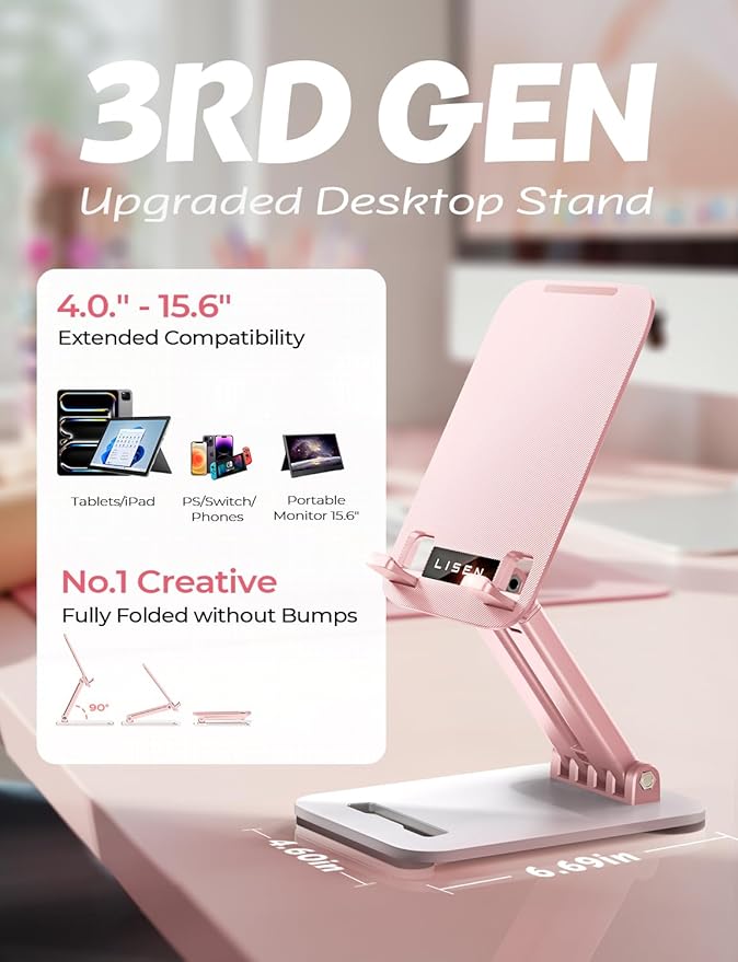 LISEN Pink Desk Accessories for iPad Office Supplies Desk Decor for Women Gifts, for Him Tablet Stand Vanity Accessories Video Face Time Free Hands for ipad Switch