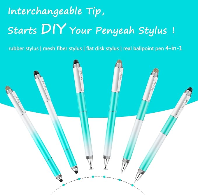 Penyeah Stylus 4-in-1 Stylus Pen for Touch Screen High Precision and Sensitivity DiscMesh2 Sized Rubber Tips Universal for iPhone/iPad/Android/Samsung/HP Tablets All Capacitive Touch Screens-Blue