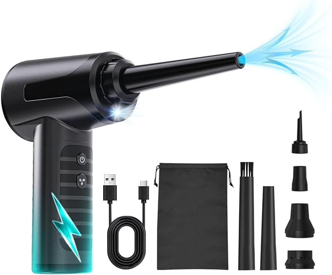 Electric Compressed Air Duster Air Can Duster for Computer Rechargable Air Blower for Car PC 100000RPM Mini Blower Cordless with Led Light Handheld Blower Keyboard Cleaner, Ink Black