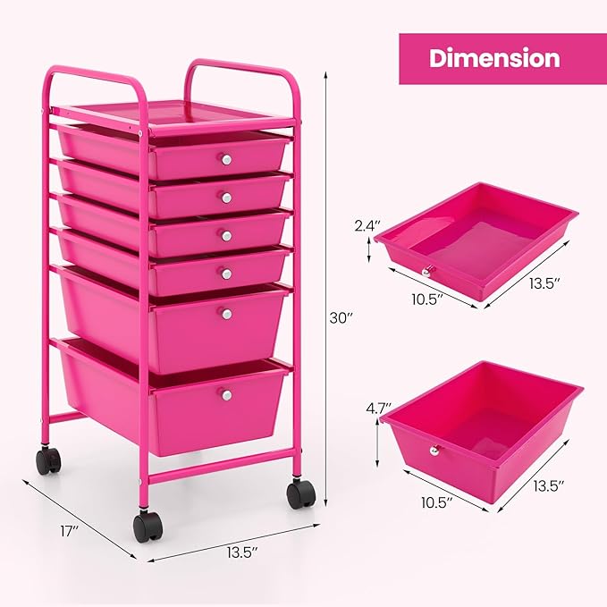 COSTWAY 6-Drawer Rolling Storage Cart, Multifunctional Art Craft Tools Organizer on Wheels, Heavy Duty Utility Mobile Storage Trolley w/ 2 Lockable Wheels for Home Office School, Hot Pink