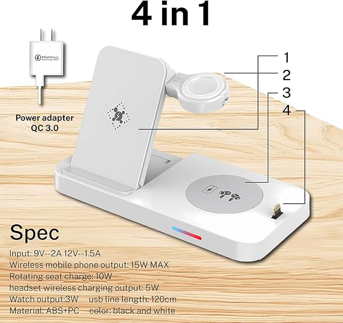 4-in-1 Fast Wireless Charging Station for iPhone16/15/14/13, Apple Watch Ultra/9/8, AirPods Pro,18W Qi-Certified (with QC3.0 Adapter)