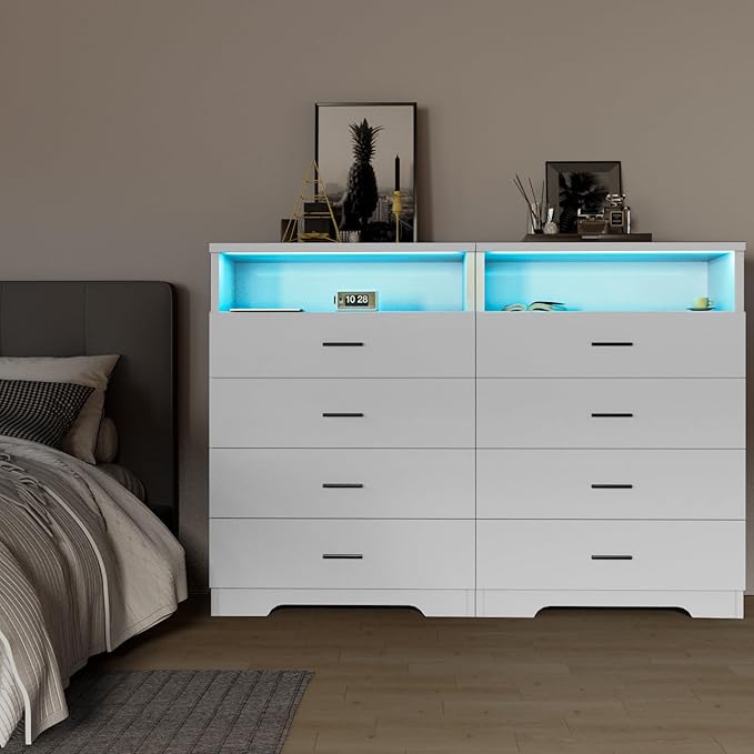 Dresser with Power Outlets and LED Lights Wooden 4 Drawer Dresser with Large Organizer Tall White Drawer for Bedroom Modern Chest of Drawers Closet for Living Room Kids Room
