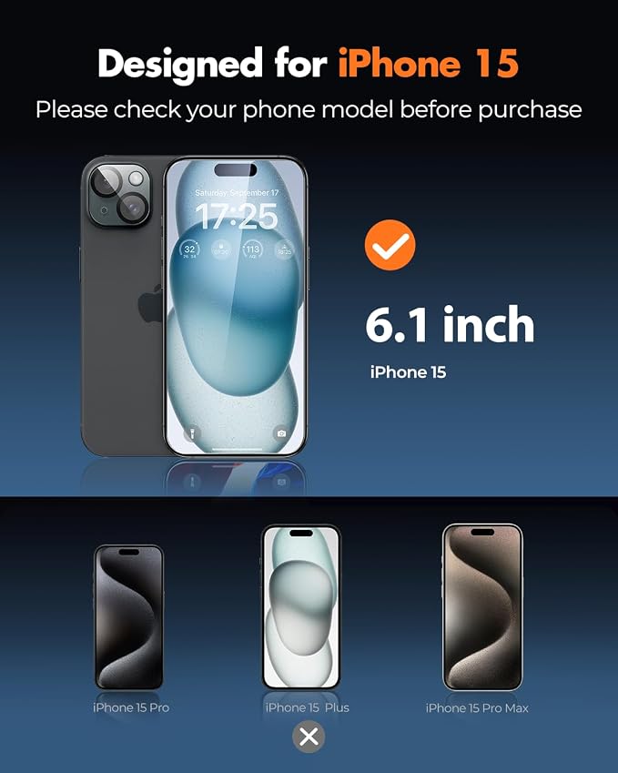 UNBREAKcable iPhone 15 Screen Protector 3-Pack Upgraded Dual-Tempered Glass + 3 Camera Lens Protectors Military-Grade 9H Hardness HD Clarity Anti-Fingerprint Case Friendly 6.1 Inch | Upgraded Du