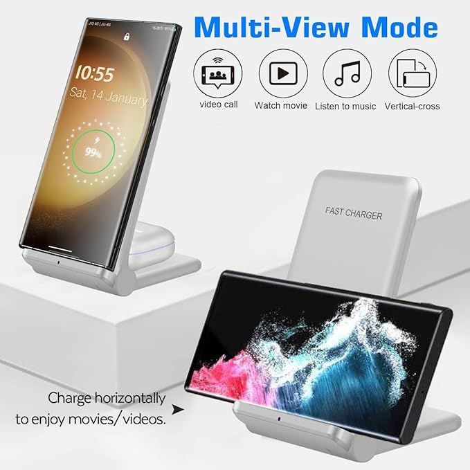 2 in 1 Wireless Charger,Foldable 20W Fast Wireless Charging Stand Compatible with iPhone 16/16 Pro/15/14/13/12/X/AirPods,Dual Phone Induction Charge Station for Samsung,Pixel,Xperia,LG(No Plug)