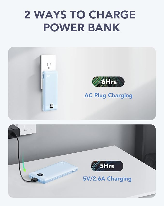 VRURC Portable Charger Power Bank Built-in Cables and AC Wall Plug | USB C Portable Bank 10000mAhTravel Essentials Phone Charger Compact External Battery Pack for Smart PhonesTablets-Black