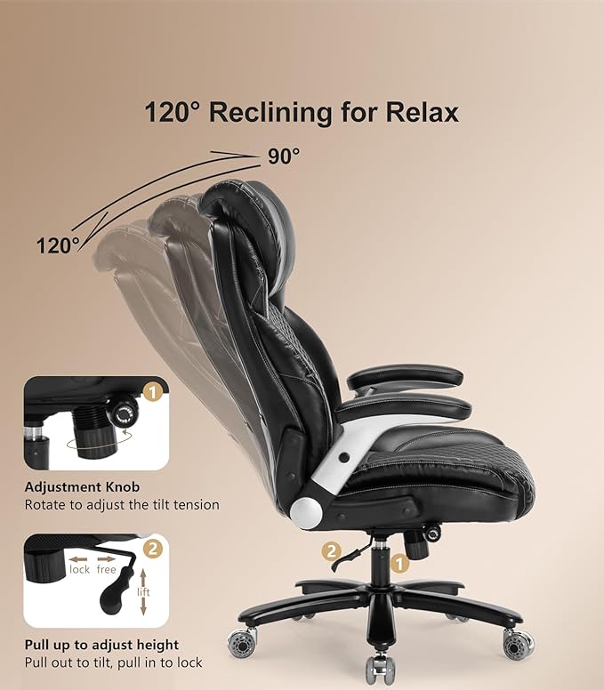 Office Chair Big and Tall 500lbs, Desk Chair Comfy, Oversized Computer Gaming Chair Extra Wide, Executive PU Leather Heavy Duty, Flip-Up Arm&Ergonomic Lumbar Support with Rubber Wheel