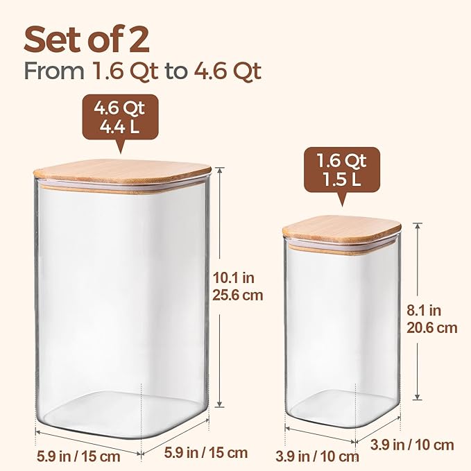 ComSaf Glass Pantry Storage Containers, 4.6Qt/1.6Qt Large Square Flour and Sugar Containers with Airtight Lids, 1.2 Gallon Glass Jars with Bamboo Lids for Rice, Pasta, Cookies, Coffee Beans