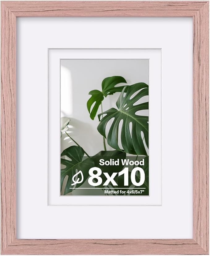 Egofine 8x10 Picture Frame Made of Solid Wood Covered by Plexiglass, Display Pictures 4x6/5x7 with Mat or 8x10 Without Mat for Table Top Display and Wall Mounting Photo Frame, Peach Pink