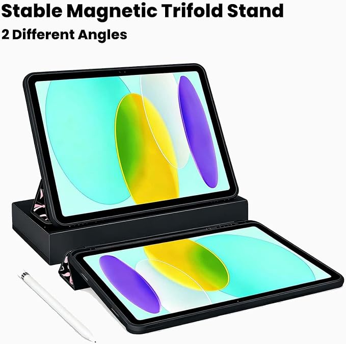 for iPad A16 11 Inch 2025 /for iPad 10th Generation 10.9 Inch 2022 Cute iPad Black Case with Pencil Holder-[Auto Wake/Sleep] Trifold Stand Soft TPU Protective Cover Pink Bows