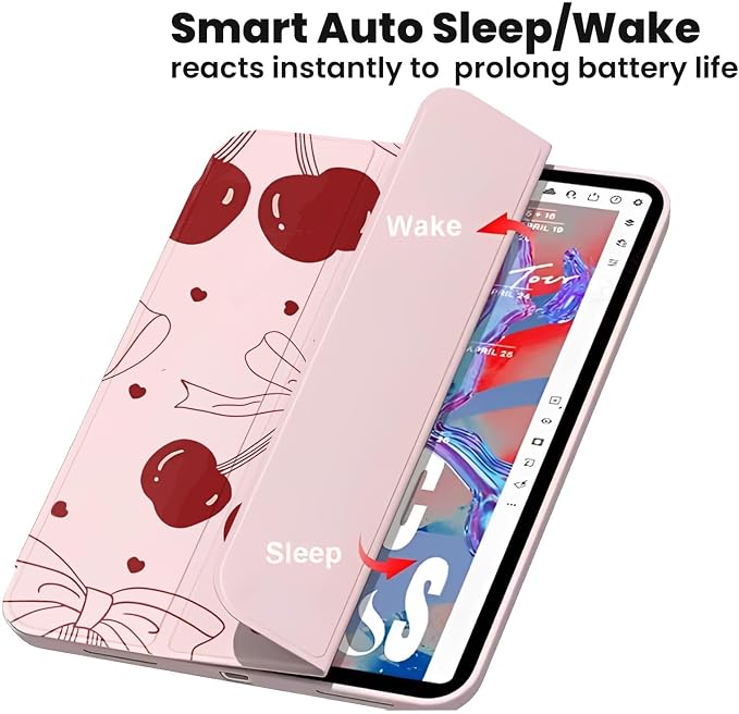 iPad Pink Case for iPad Pro Generation 11Inch 2018/2020/2021/2022 with Pencil Holder-[Auto Wake/Sleep] Trifold Stand Soft TPU Protective Cover Cute Cherry Bow