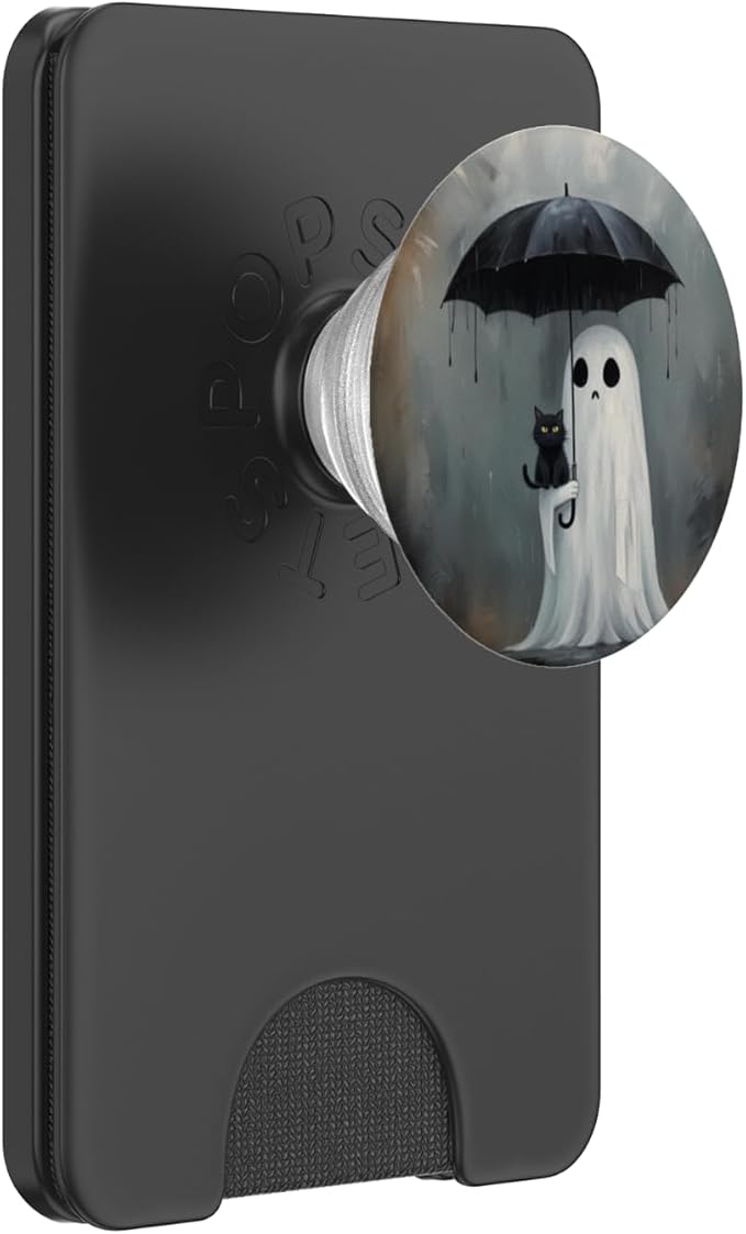 Ghost Holding Umbrella with Cat Halloween PopSockets Adhesive PopGrip