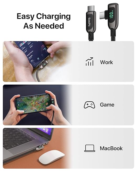 SOOPII 100W Right Angle USB C to USB C Cable2-Pack 1FT Zinc Alloy Case Nylon Braided Type-C Cable with LED Display for lPad Mini/Air/ProMacBook ProSamsung S23/S22/S10PixelLG(0.3mBlack)