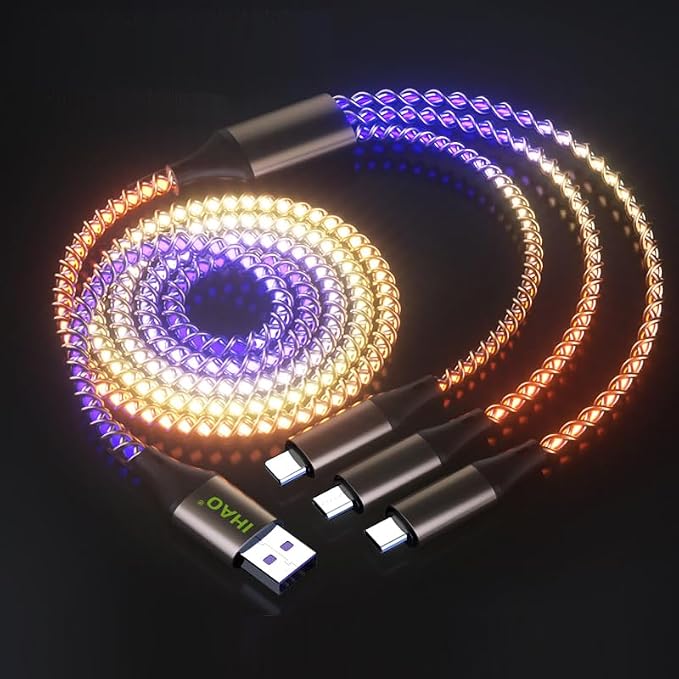 IHAO Multi Ports Charger Cable 3 Combinations in One Cable USB A to USB C/Micro USB PD Fast Charging Cord Lighted Up LED Flowing Compatible with Almost All Kinds of Electric Device-39Inches Blue