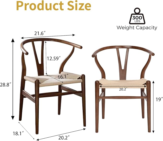 Wishbone Chair Natural Solid Wood Dining Chair/Hans Vegner Y Chair Rattan and Wood Accent Armrest Chairs (Ash Wood - Walnut)