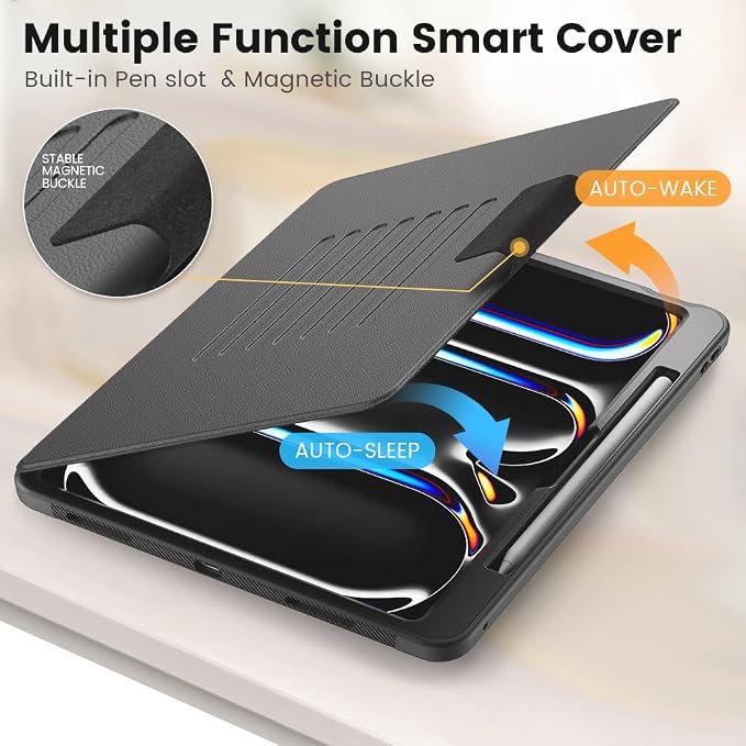 for iPad Pro 11 inch Protective Case M5 2025/M4 2024: Heavy Duty Shockproof Case with Pencil Holder - 360°Rotating Handle/Stand - Screen Protector - Shoulder Strap Black/Sky Blue