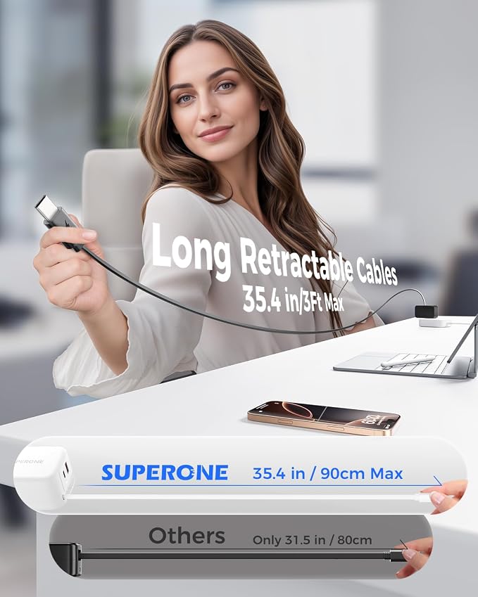 SUPERONE 4 in 1 Retractable Wall Charger with Dual USB C Cables 78W Fast Charging iPhone 17 Retractable USB C Charger with Dual Ports for iPhone 17 Pro Max/16/15/14/13/12 Pad Galaxy Pixel