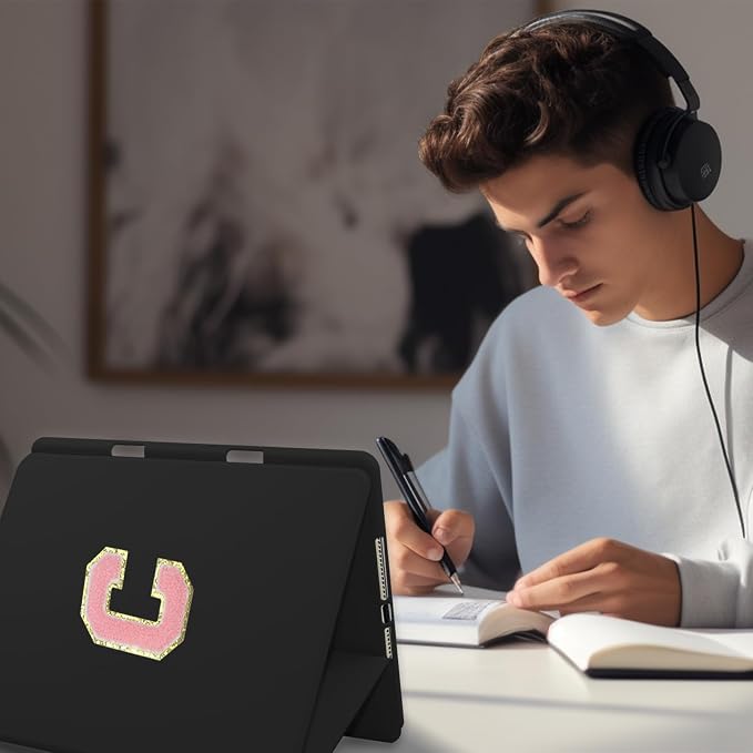 for iPad 9th Generation 10.2 Inch 2021/2020/2019 Case Initial Chenille Letter Suture Personalized for iPad 9th/8th/7th Generation Case with Auto Sleep/Wake Pencil Holder (Black A)