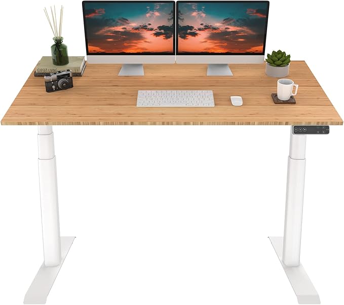 FLEXISPOT E6 Pro Oval Leg Dual Motor 3 Stages Bamboo Electric Standing Desk 60x30 Inch Whole-Piece Board Height Adjustable Electric Sit Stand Up Desk (White Frame + Bamboo Desktop)