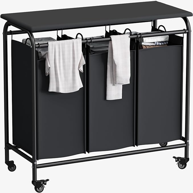 LINZINAR 3 Bag Laundry Basket Sorter Heavy Duty Rolling Lockable Wheels Laundry Hamper Cart with Ironing Board and Removable Bags, Black