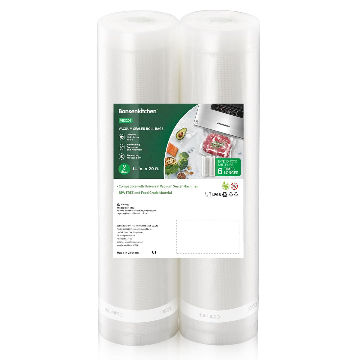 Bonsenkitchen 6 Rolls 11" x 16' Vacuum Sealer Bags for Food with Color Box