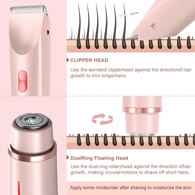 Bikini Trimmer for Women 2 in 1 Dual Head - IPX7 Waterproof Painless Electric Razors for Beauty, Pubic Hair, Face, Legs & Underarms– Portable Cordless Shaver with Fast Charging, Easy Cleaning (Pink)