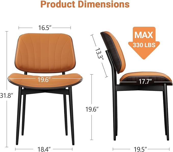Dining Chairs Set of 4, Mid Century Modern Dining Room and Kitchen Chairs, Upholstered PU Leather Chairs with Walnut Bentwood and Metal Legs, Orange