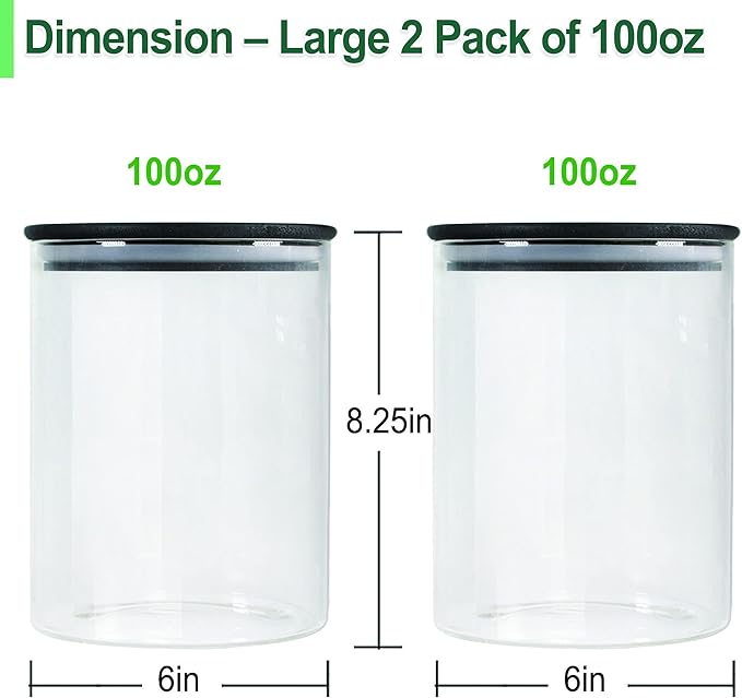Urban Green Glass Jars with Black Lids, Glass Food Storage Canister with black lids, Pantry Flour Jars, Large Size Food Storage Containers set (2 Sets of 100oz)