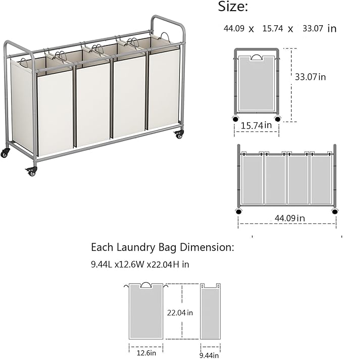 Laundry Sorter 4 Section Hamper Sorter with Heavy Duty Lockable Rolling Wheels Removable Bags Basket Separator for Dirty Clothes Storage, Beige