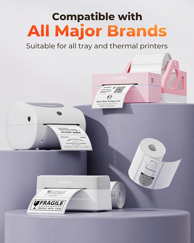 MUNBYN 4” X 2” Direct Thermal Labels, Thermal Printer Stickers, Strong Adhesive & Perforated Labels Paper for Barcode, Mailing, 500 Sheets/1 Roll，White