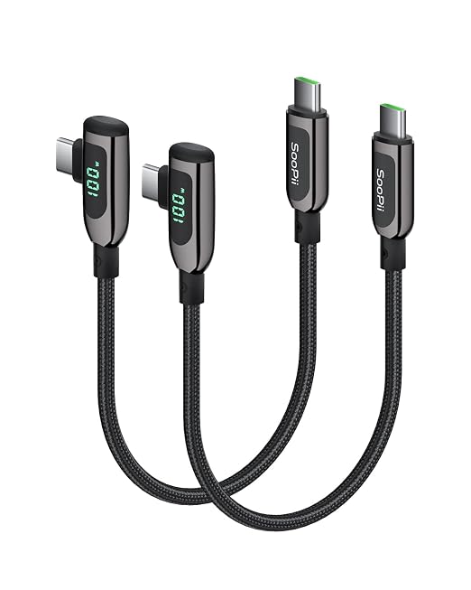 SOOPII 100W Right Angle USB C to USB C Cable2-Pack 1FT Zinc Alloy Case Nylon Braided Type-C Cable with LED Display for lPad Mini/Air/ProMacBook ProSamsung S23/S22/S10PixelLG(0.3mBlack)