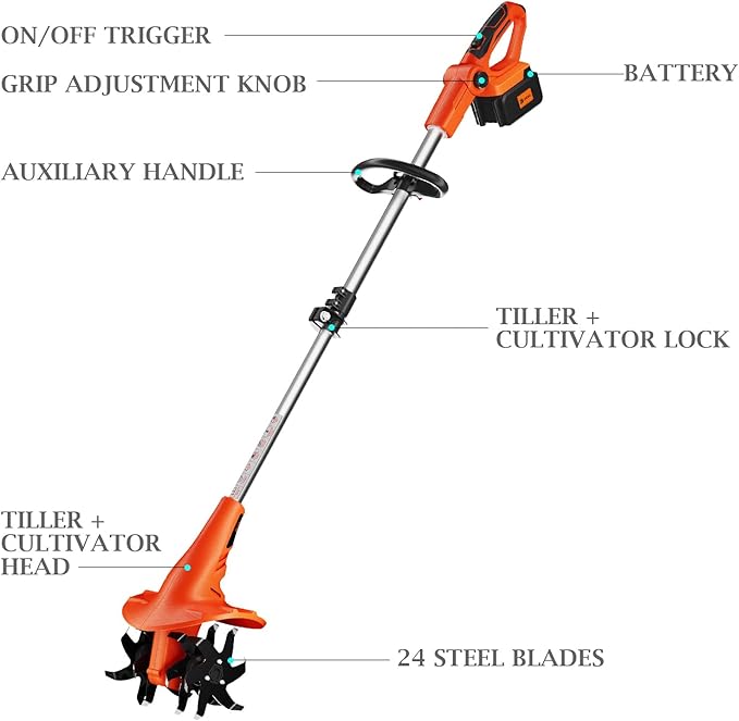 Ukoke Cordless Tiller Cultivator 40V 2.0 A Battery 280 max RPM Powered Tiller Cultivator, w/24 Steel Blade Cultivate Max Tilling 5'' deep Path by 7.8'' Wide, Orange, CT1940