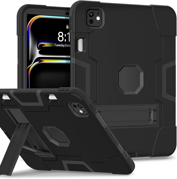 Tablet case for iPad Pro 11 Inch 2024 (5th Gen)Hard PC Soft Silicone Protective Kickstand tab Case for iPad Pro 2024 11 (Model: A3006/A2836/A2837) Pencil Holder Kickstand Cover Black