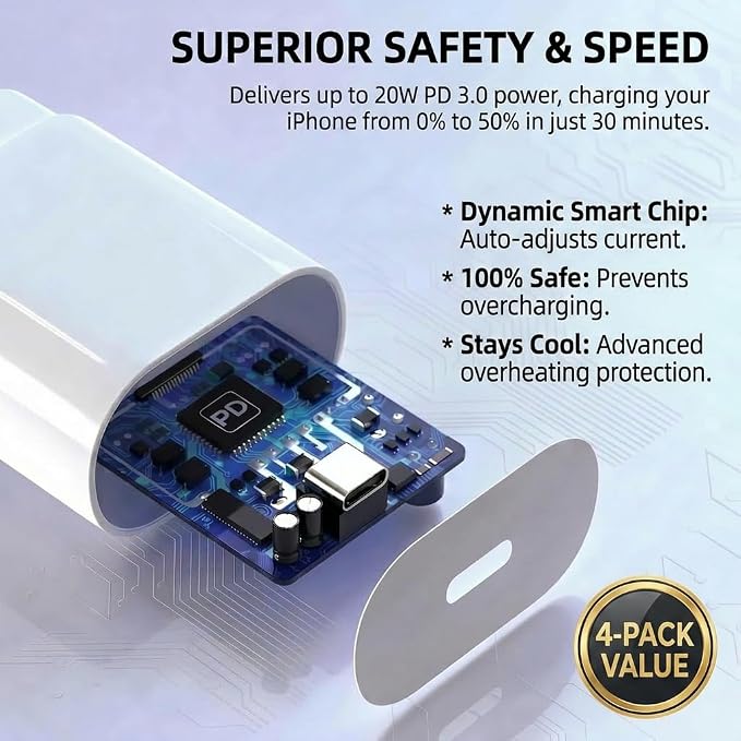 [4-Pack] 20W USB-C Charger Block Fast Wall Power Adapter (White) | Compatible with iPhone 17/16/15/14 Series Galaxy S25/S24 &amp iPad – Multi-Device Type C Charging Cube