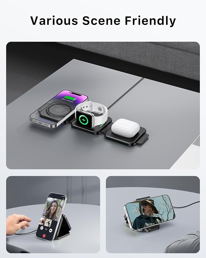 3-in-1 Foldable Magnetic Wireless Charging Station | for Apple Devices The Travel Desktop Organizer Compatible with iPhone 17-12 Seriesfor iWatch for AirPods Space-Saving Design