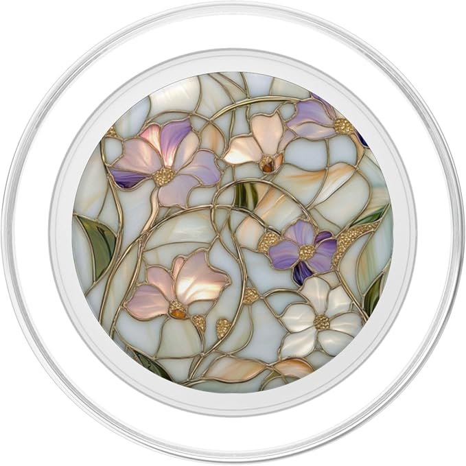 Stained Glass Floral Print with Purple Flowers PopSockets PopWallet for MagSafe