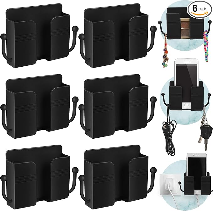 Jetec 6 Pcs Wall Mount Phone Holder Self-Adhesive Wall Beside Organizer Storage Box Plastic Charging Phone Stand Remote Brackets Holder for Bedroom (Black)