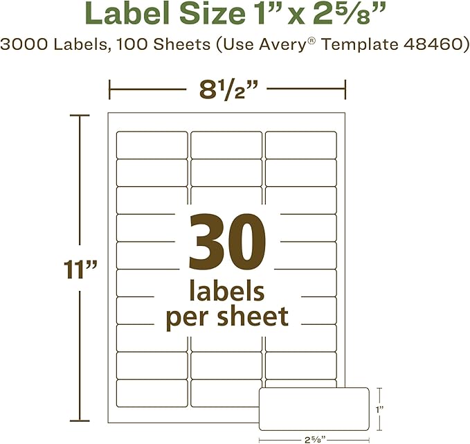 Avery EcoFriendly Recycled Address Labels, 1" x 2-5/8", White, Permanent Label Adhesive, 3,000 Printable Labels (48460) (Pack of 5)