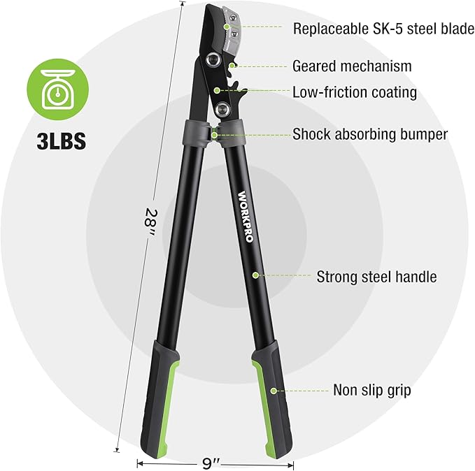 WORKPRO 28" Anvil Lopper for Gardening, Long handle Branch Cutter with 1.6" Cutting Capacity, Heavy-Duty Pruning Shear Featuring Gear System for Tree Trimming, Handheld Garden Shear with Sharp Blade